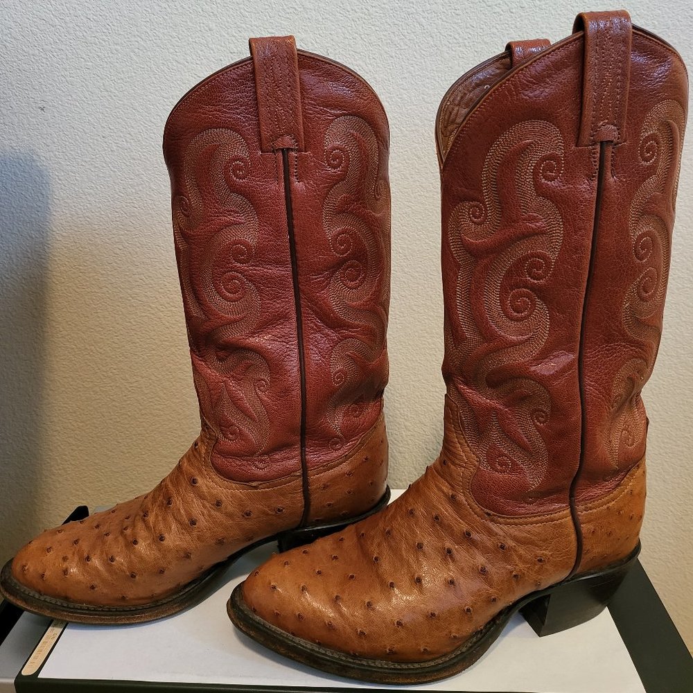 Tony Lama Full Quill Ostrich Western Boots, Men's 7D, Brown